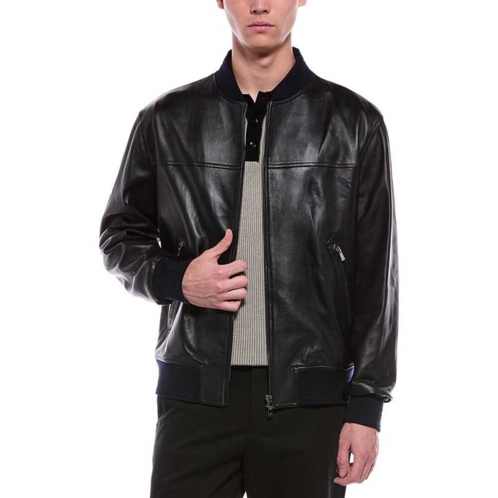 Isaia Mens Leather Jacket, Black
